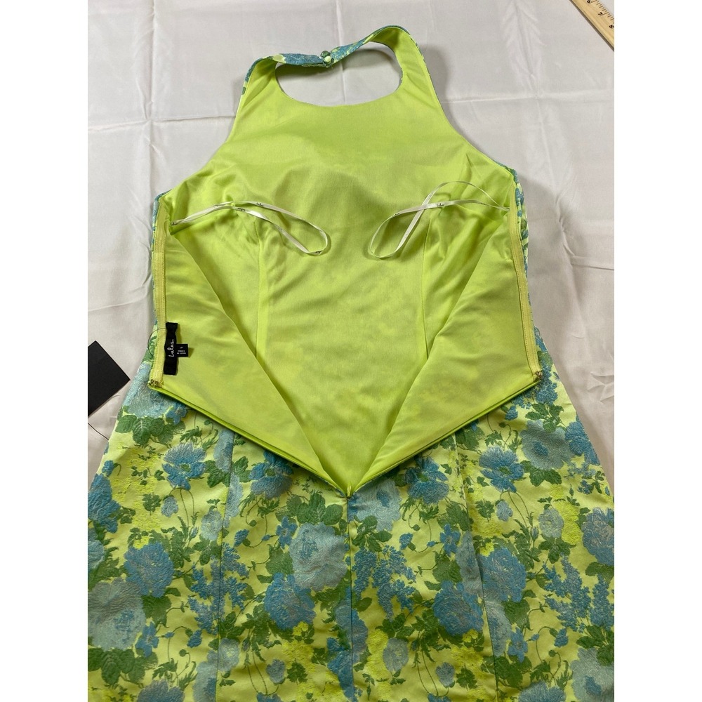 Lulus Ariadna Lime Green Floral‎ Jacquard Halter Mini Dress Size Large - Picture 7 of 15